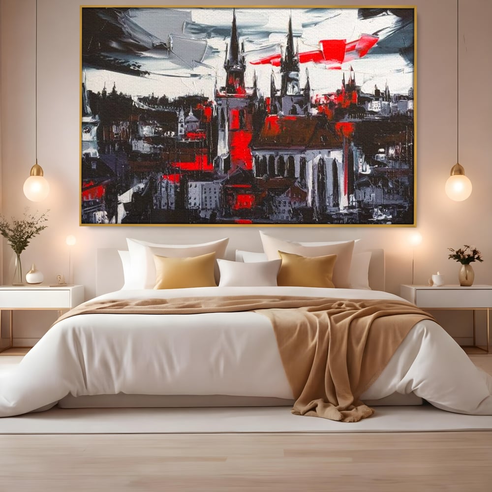 Tablou canvas cu pictura canvas cu turle gotice si accente rosii, in rama de aluminiu auriu, pe perete intr-un dormitor